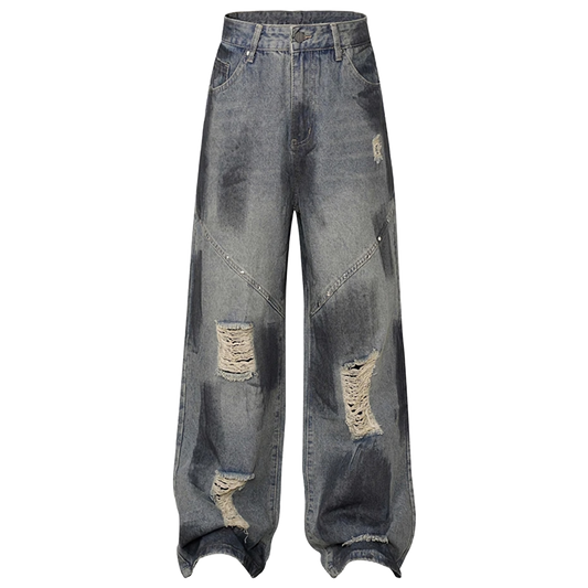 'Varnish' Painted and Torn Wide-Leg Denim Jeans