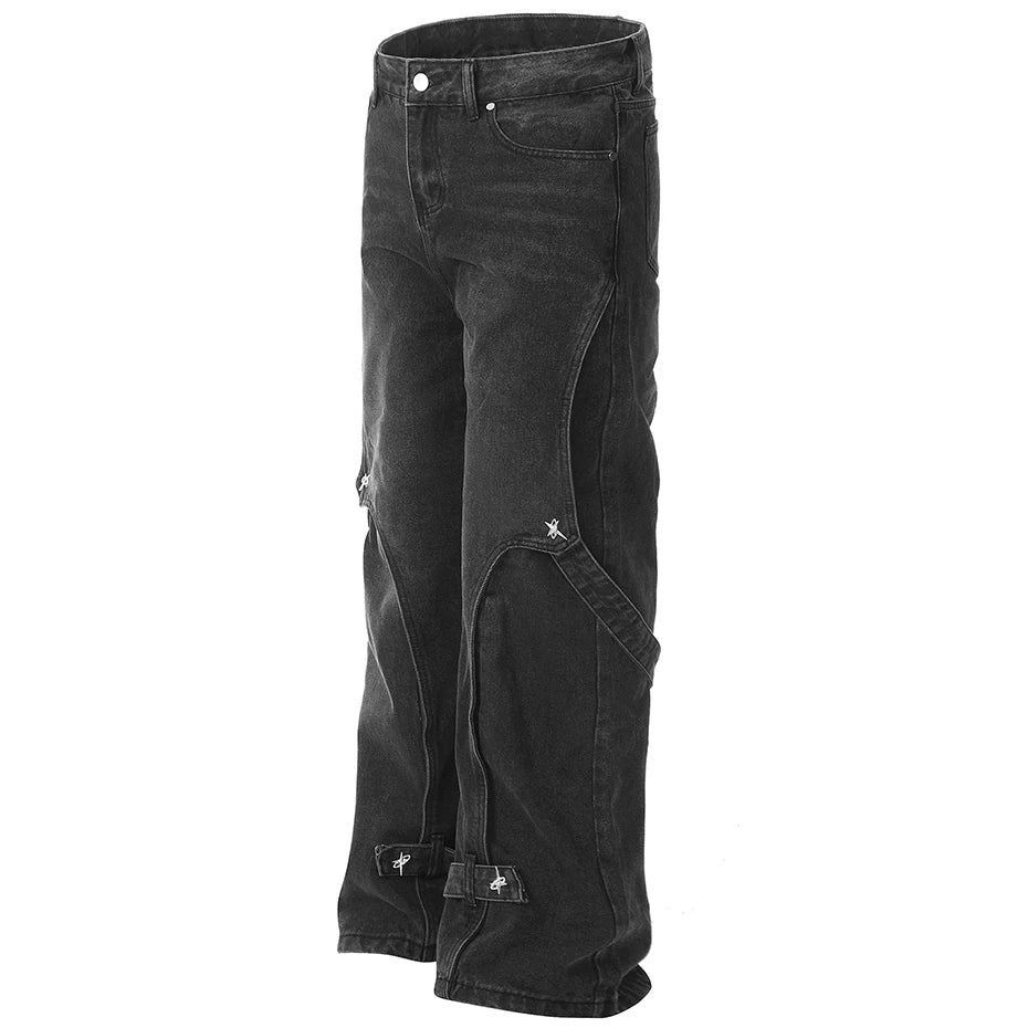 'Orbital' Strapped Cuff Stacked Denim Jeans