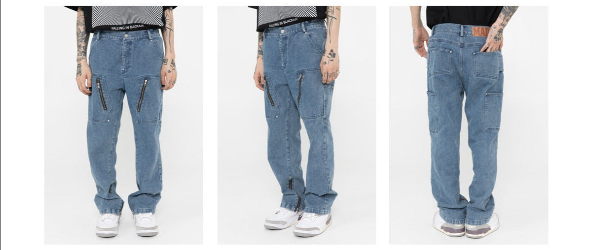 Multi-Zip Vintage Wash Denim Cargo Jeans